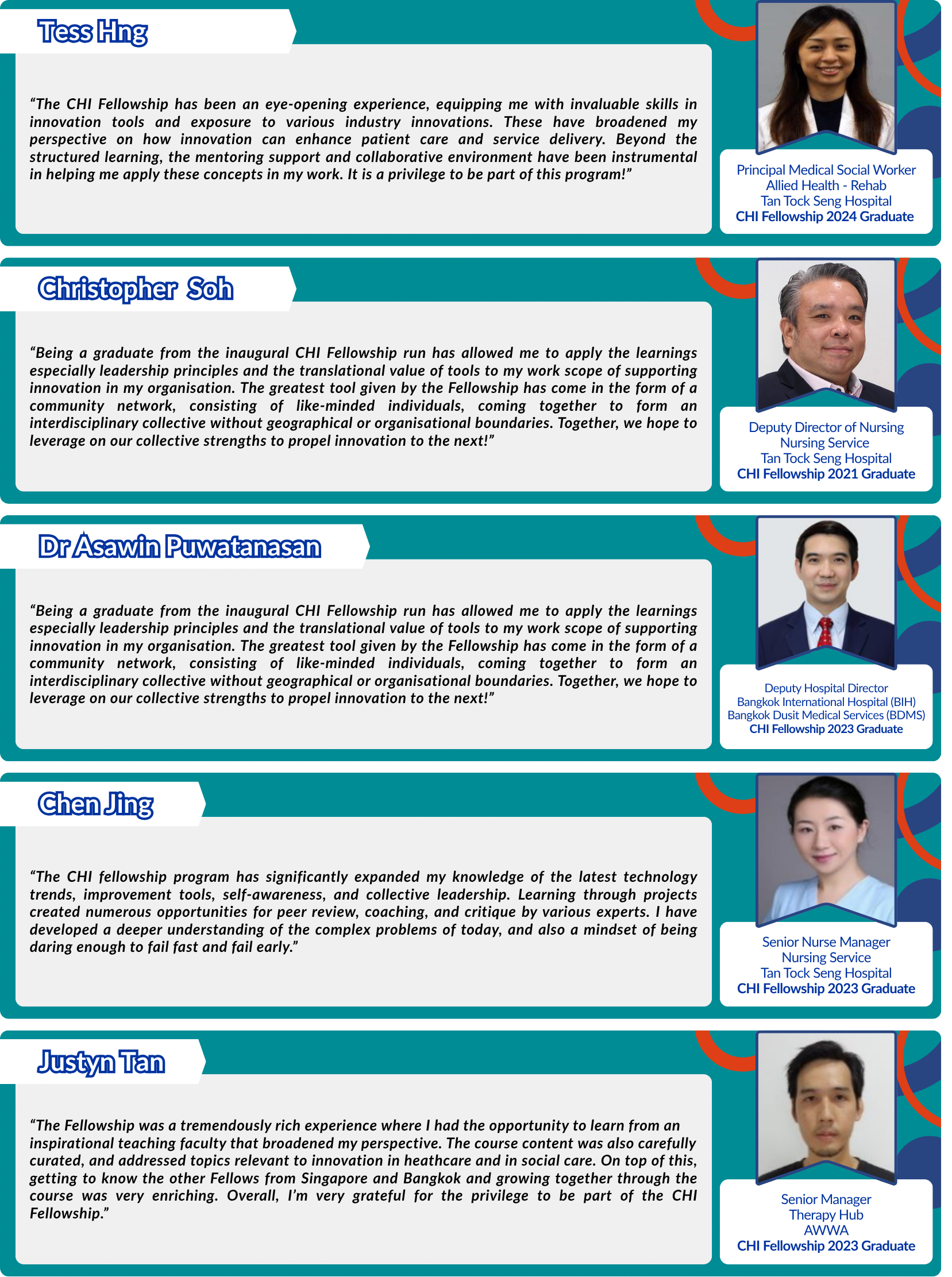 List of five fellowship graduate testimonials with headshots, names, and titles on teal panels.